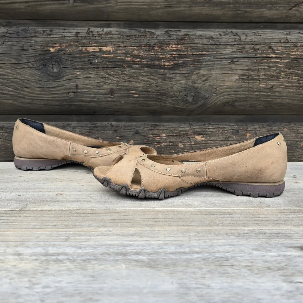 Skechers Bikers Y2K Boho Minimalist Nubuck Studded Peep Toe Comfort Flats 9.5M